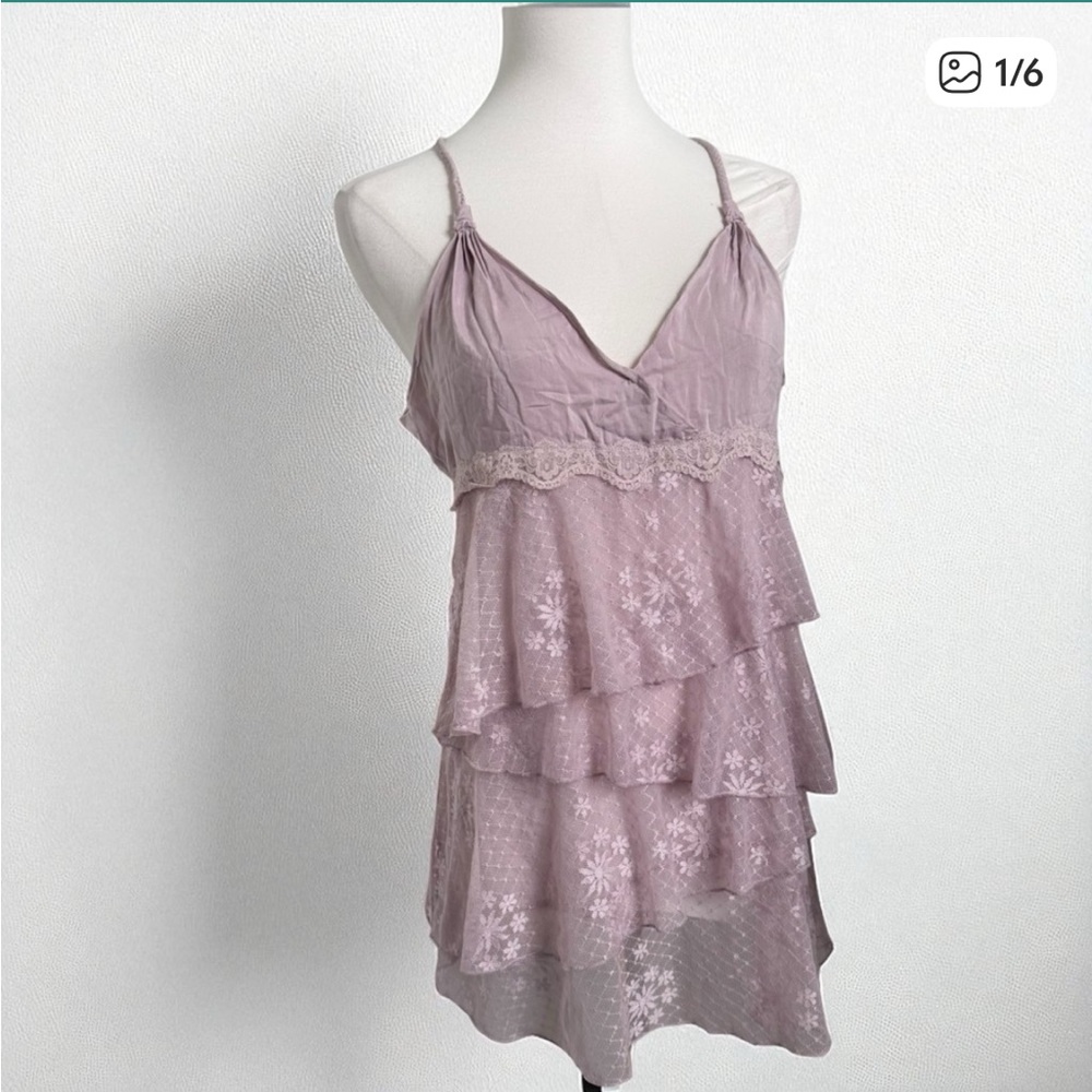 Y2K Lavender Tiered Lace Babydoll Cami Top Fairycore Whimsigoth Cottagecore M